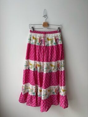 Patchwork Tiered Maxi Skirt Boho Cottagecore Pink Floral High Waist Cotton